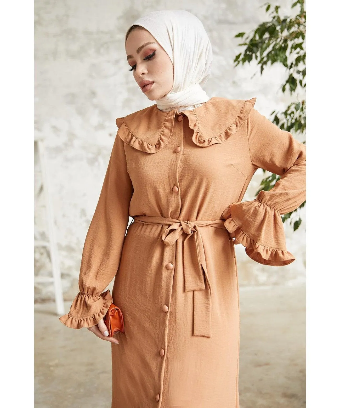 Salmon Brown Sleeve Frill Baby Collar Dress | Elegant and Playful