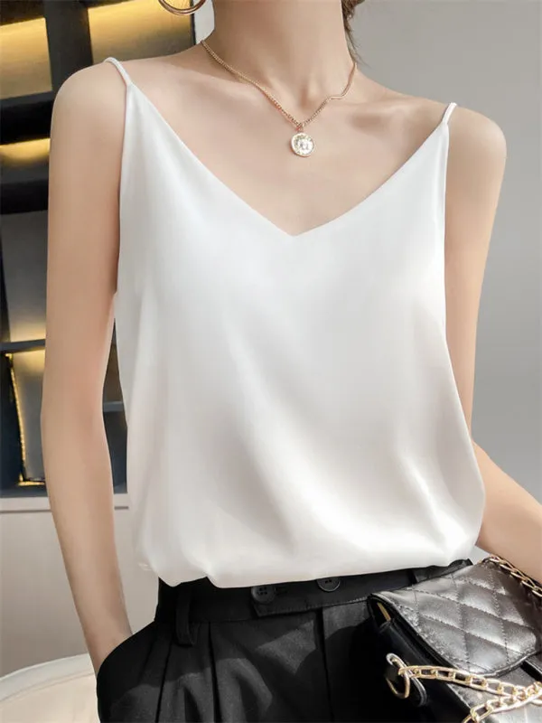 Satin V-neck camisole bottoming shirt sexy outerwear summer short silk