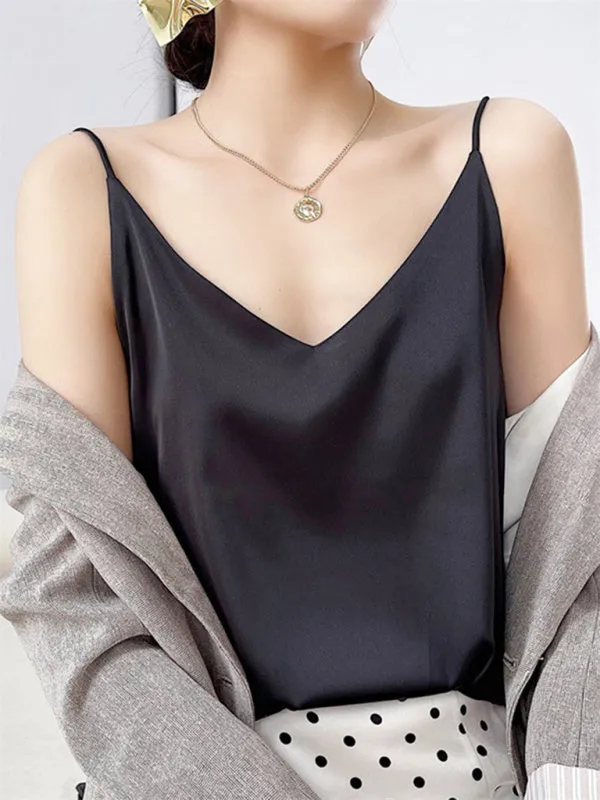 Satin V-neck camisole bottoming shirt sexy outerwear summer short silk