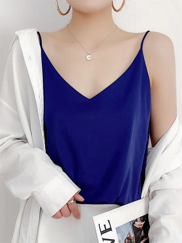 Satin V-neck camisole bottoming shirt sexy outerwear summer short silk