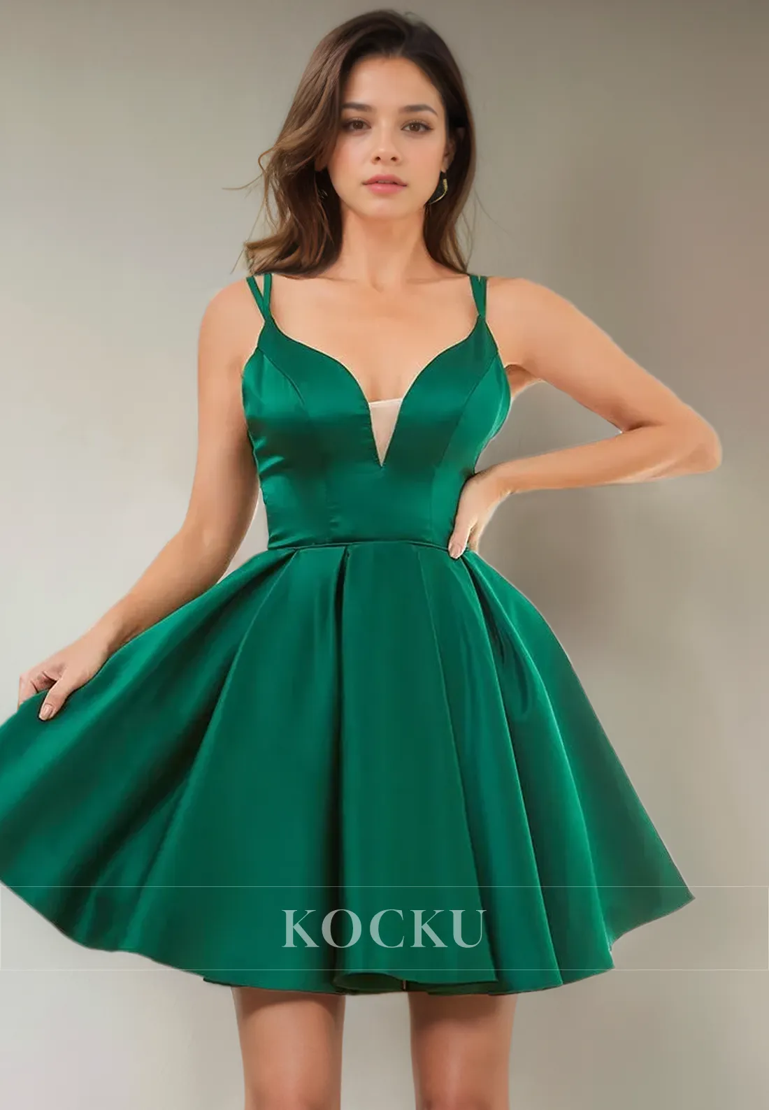 Sexy & Morden Spaghetti Straps V-Neck A-Line Satin Party Homecoming Dress