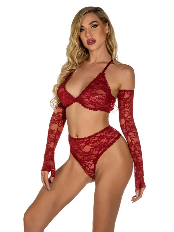 Sexy lingerie, lace transparent pajamas set with gloves, one-piece home wear