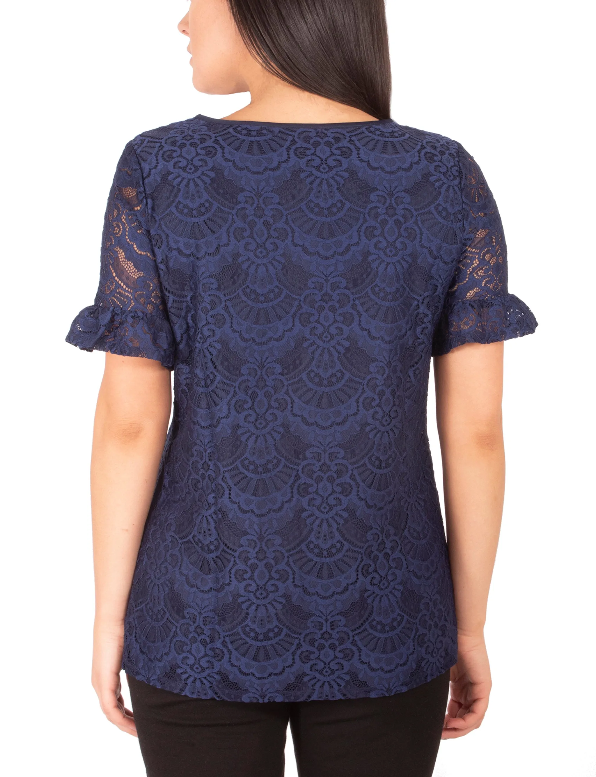 Short Ruffle-Hem Sleeve Lace Tee With Keyhole Neckline