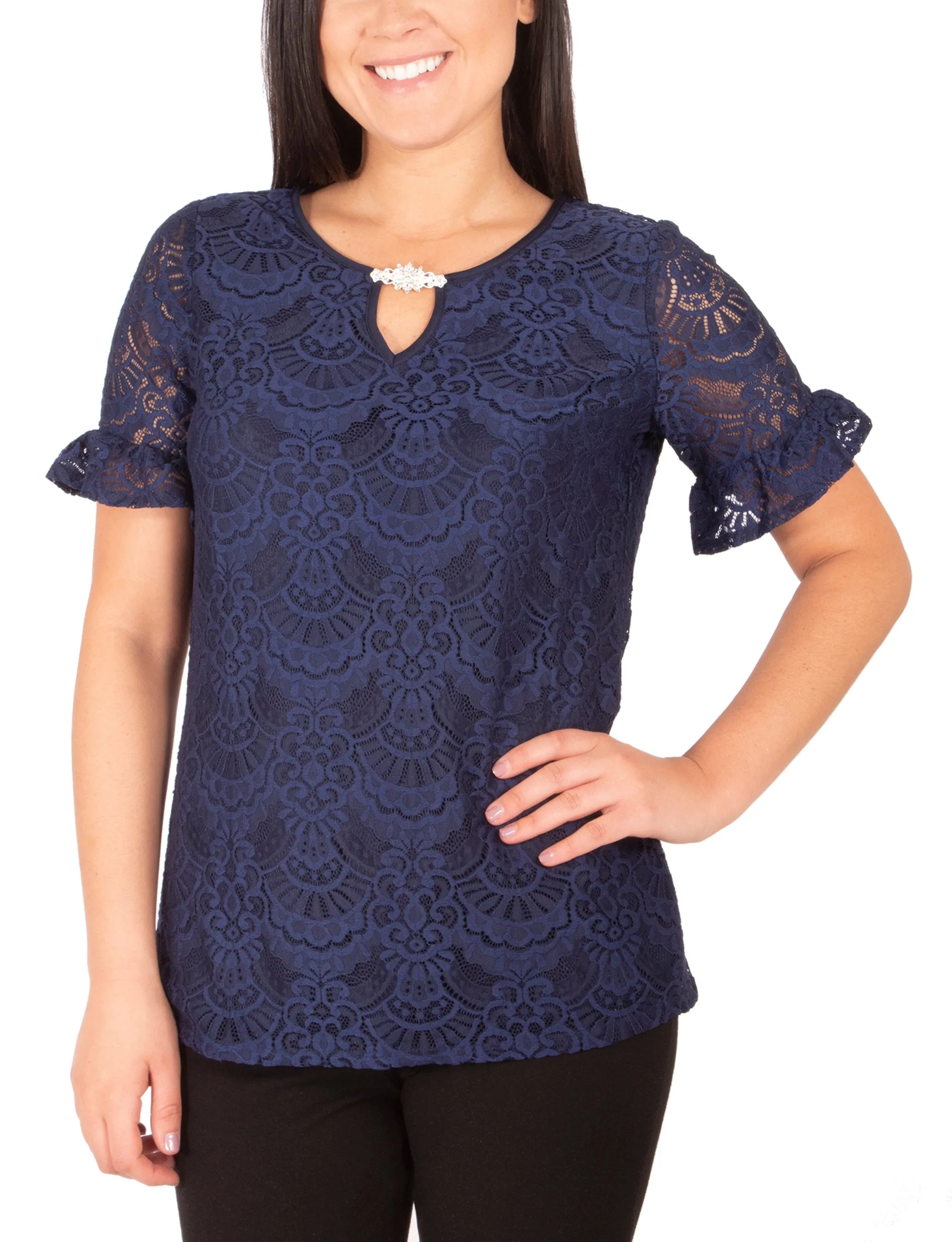 Short Ruffle-Hem Sleeve Lace Tee With Keyhole Neckline