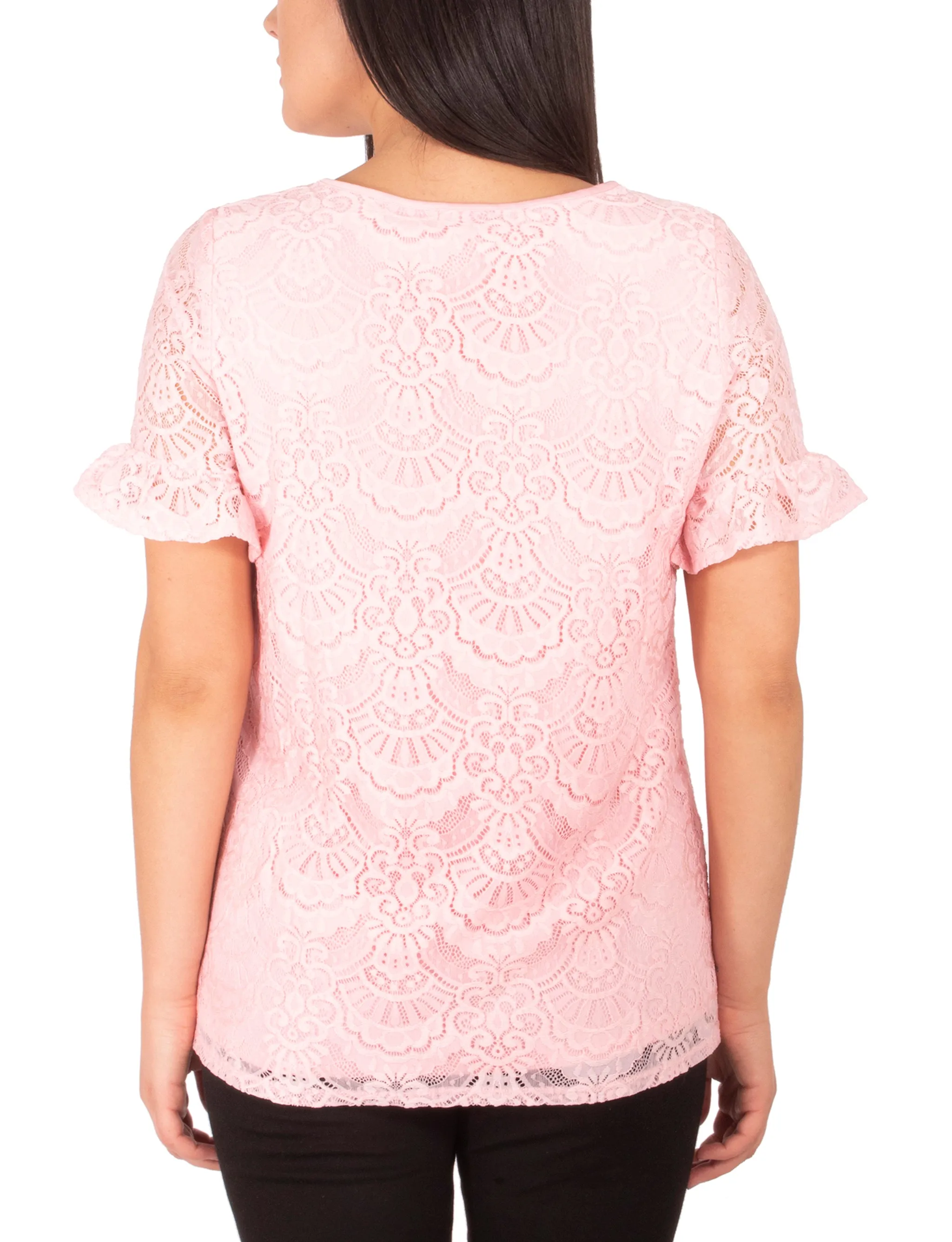 Short Ruffle-Hem Sleeve Lace Tee With Keyhole Neckline