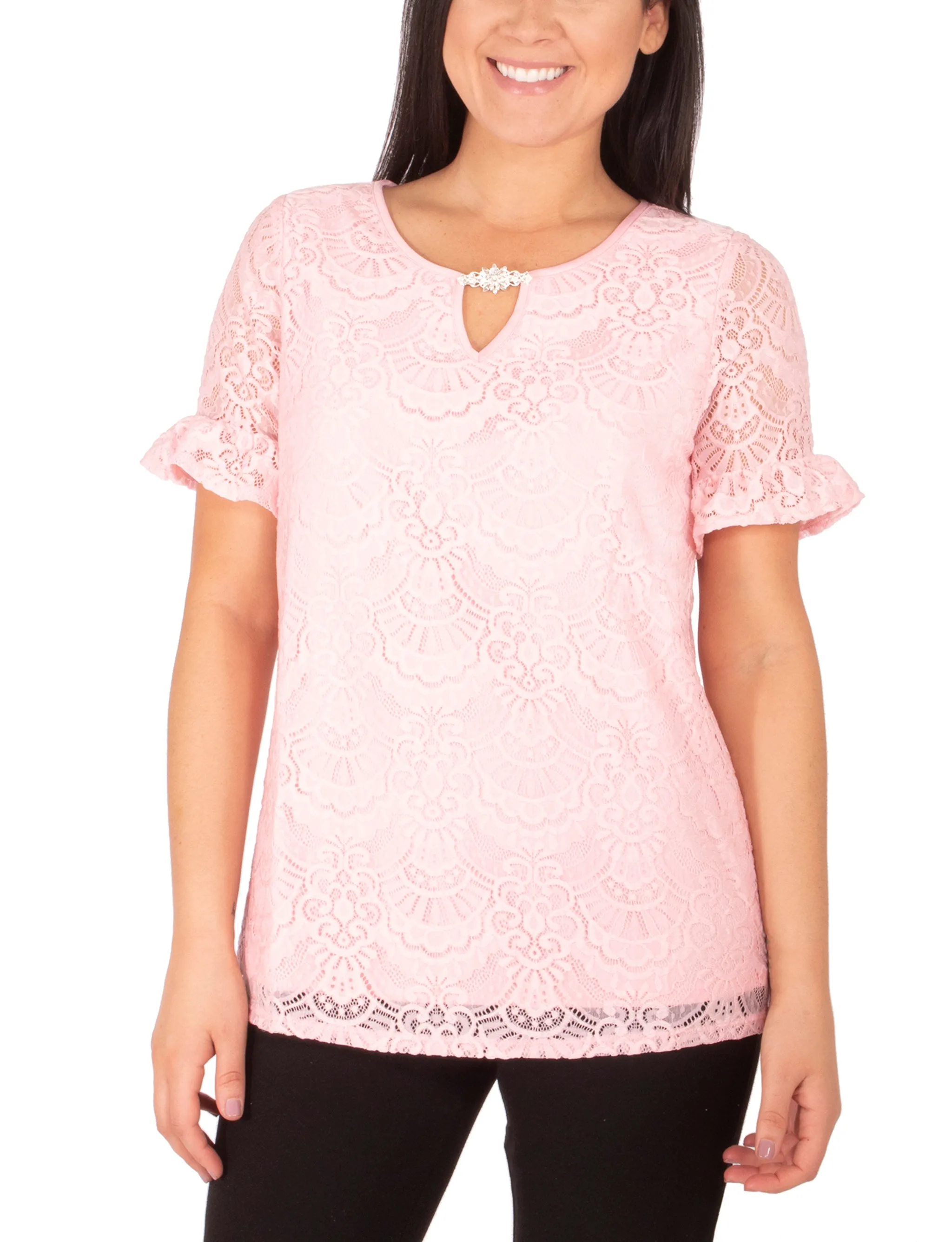 Short Ruffle-Hem Sleeve Lace Tee With Keyhole Neckline