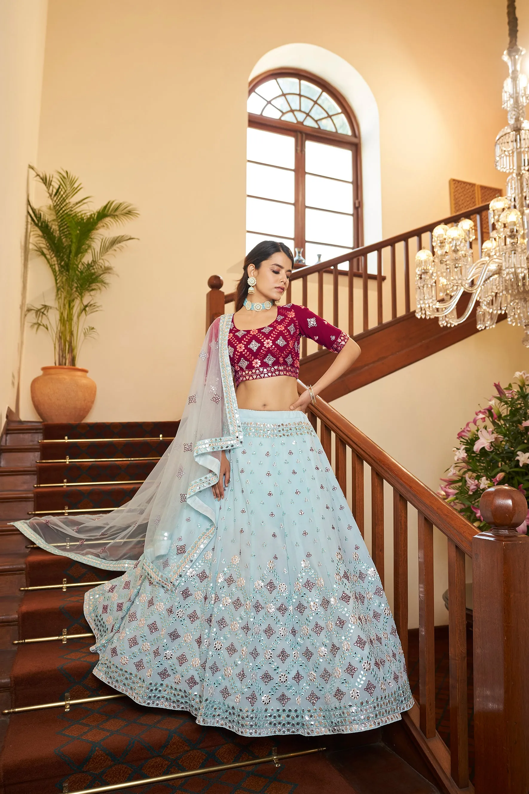 Sky Blue With Deep Pink Choli, Georgette Fabric And Gota Patti With Thread And Sequence Embroidery Work Heavy Can Can For Wedding Party Wear