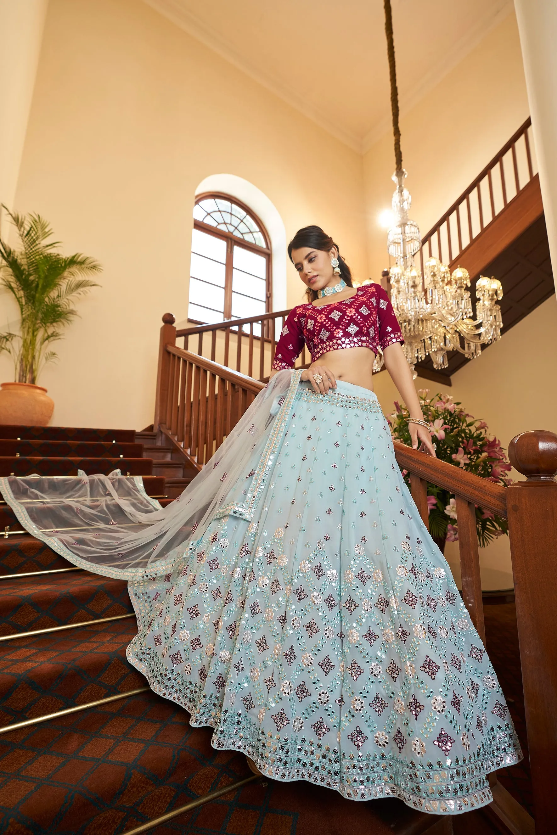 Sky Blue With Deep Pink Choli, Georgette Fabric And Gota Patti With Thread And Sequence Embroidery Work Heavy Can Can For Wedding Party Wear