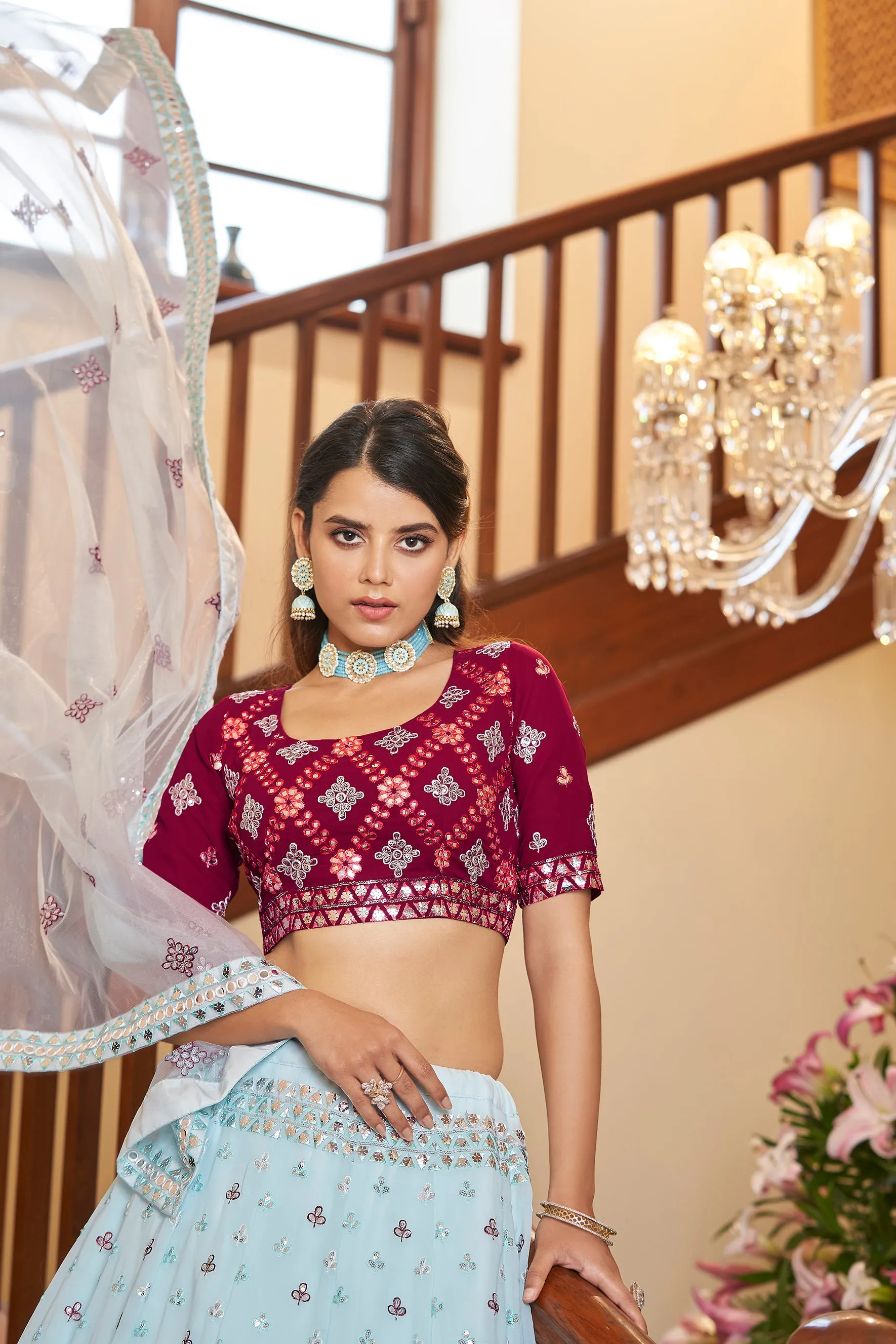 Sky Blue With Deep Pink Choli, Georgette Fabric And Gota Patti With Thread And Sequence Embroidery Work Heavy Can Can For Wedding Party Wear