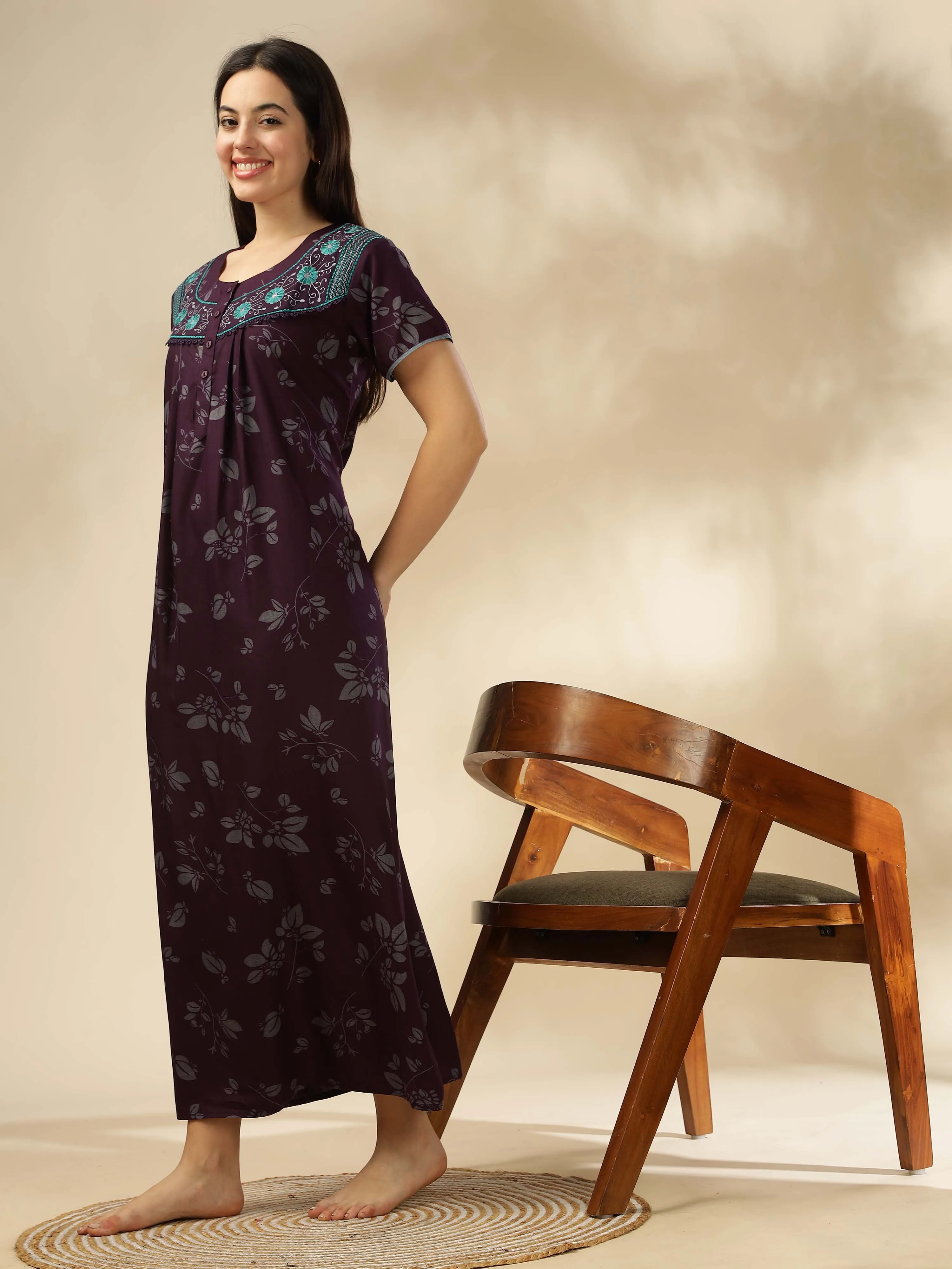 Sophisticated Wine Nighty with Floral Accents & Pockets