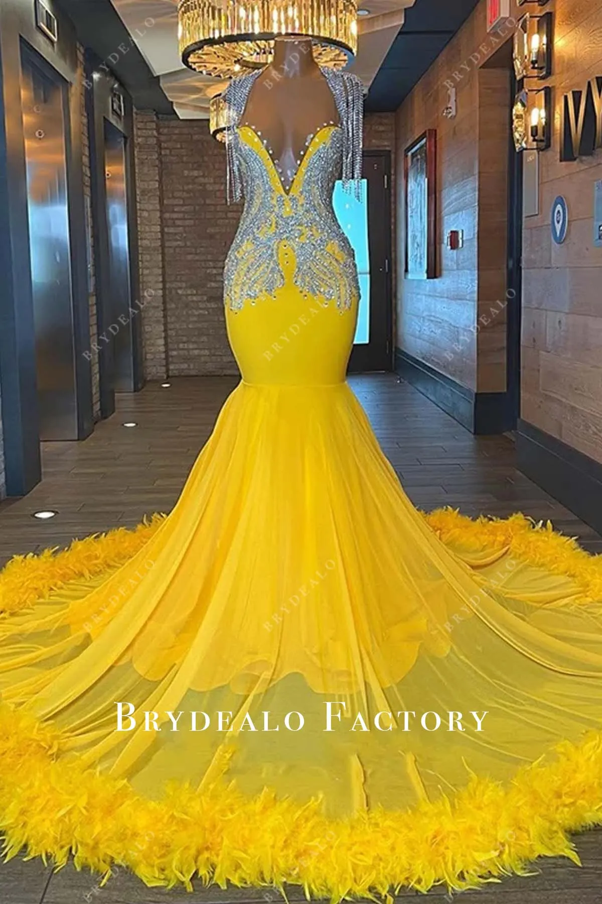 Sparkly Rhinestones Plunging Neck Yellow Feathers Long Train Prom Dress