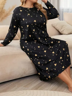 Starlit Romance Plus Size Women's Valentine's Day Elegant Sleep Dress with Heart & Star Print