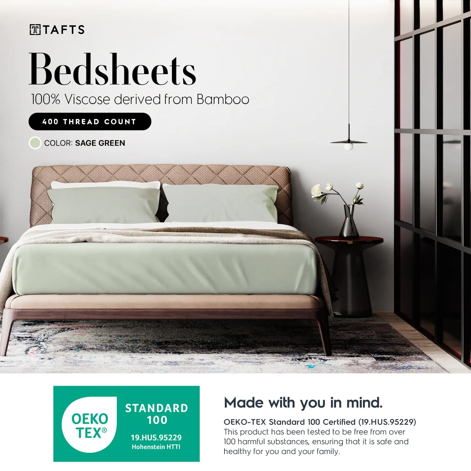 Tafts Bamboo Sheets Queen Size - 100% Pure Organic Viscose Bamboo Sheet Set - 400TC Bamboo Bed Sheets - 4 Pieces - 17” Deep Pocket - Silk Feel, Cooling, Anti-Static, Hypoallergenic (Sage Green)