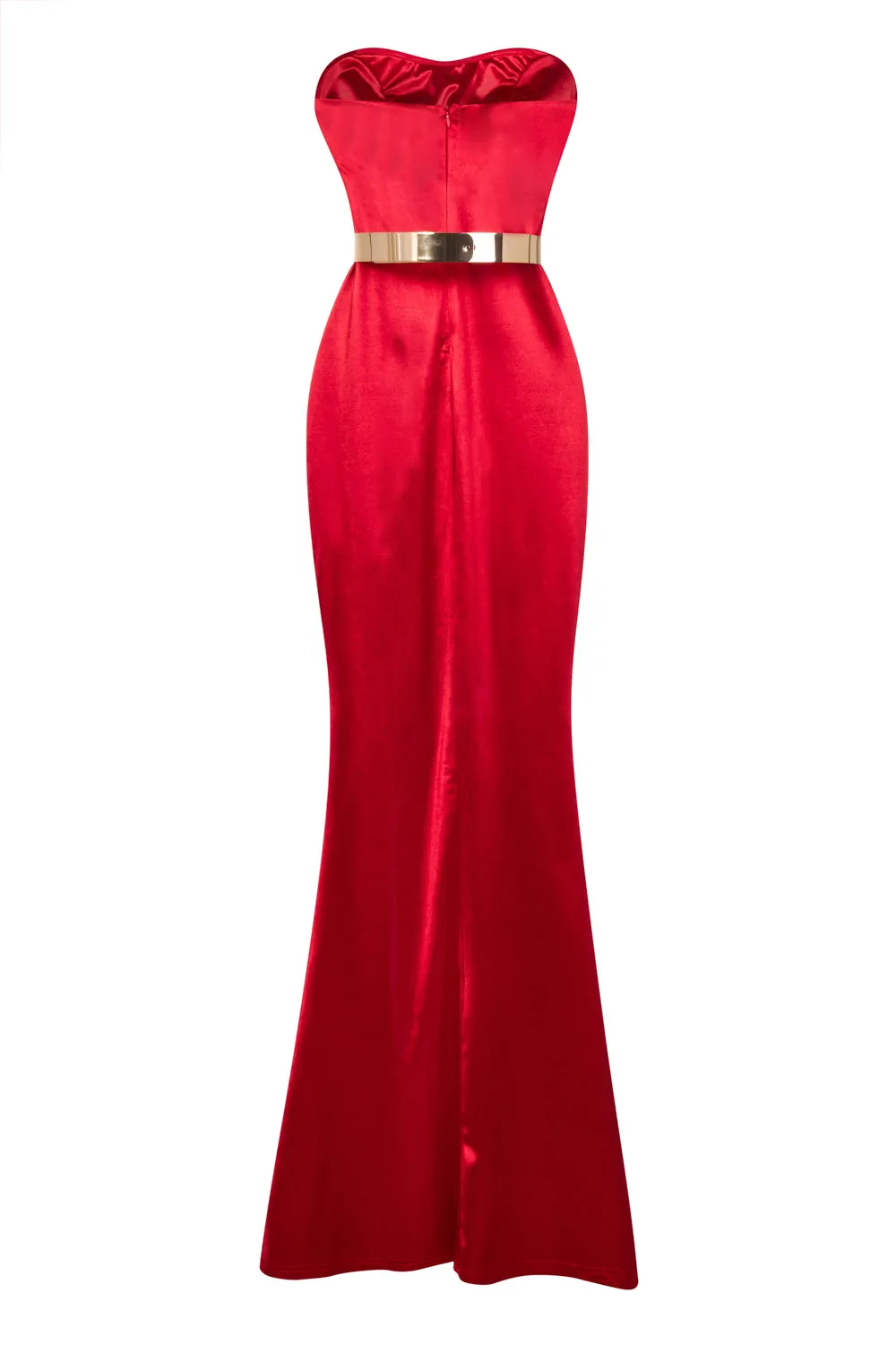 Versace Cherry Red Gold Belted Slinky Satin Thigh Slit Maxi Dress