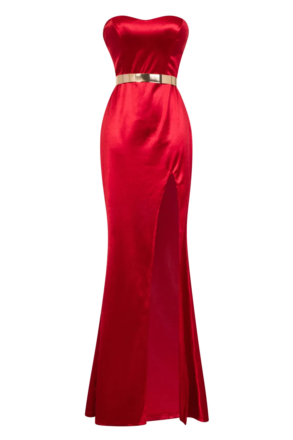 Versace Cherry Red Gold Belted Slinky Satin Thigh Slit Maxi Dress