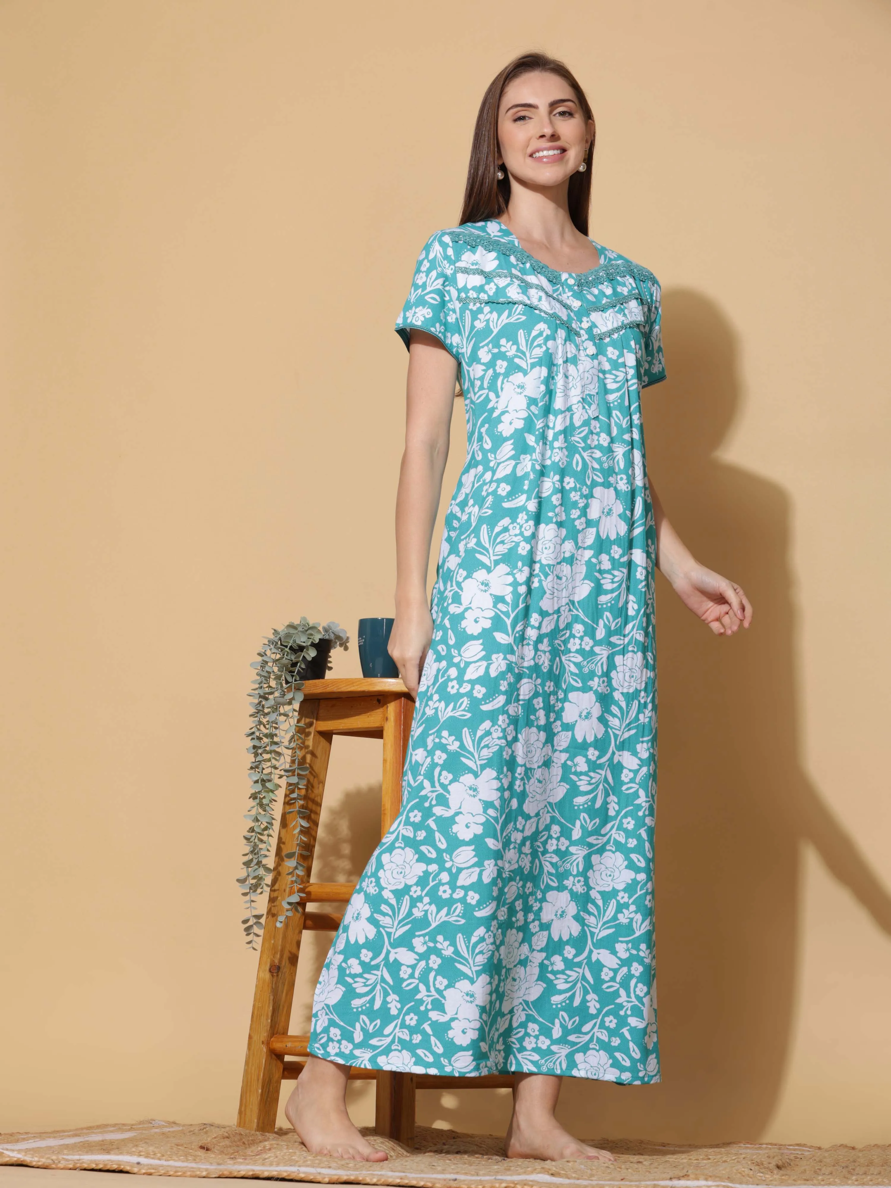 Whispering Green Alpine Pleated Designer Nighty