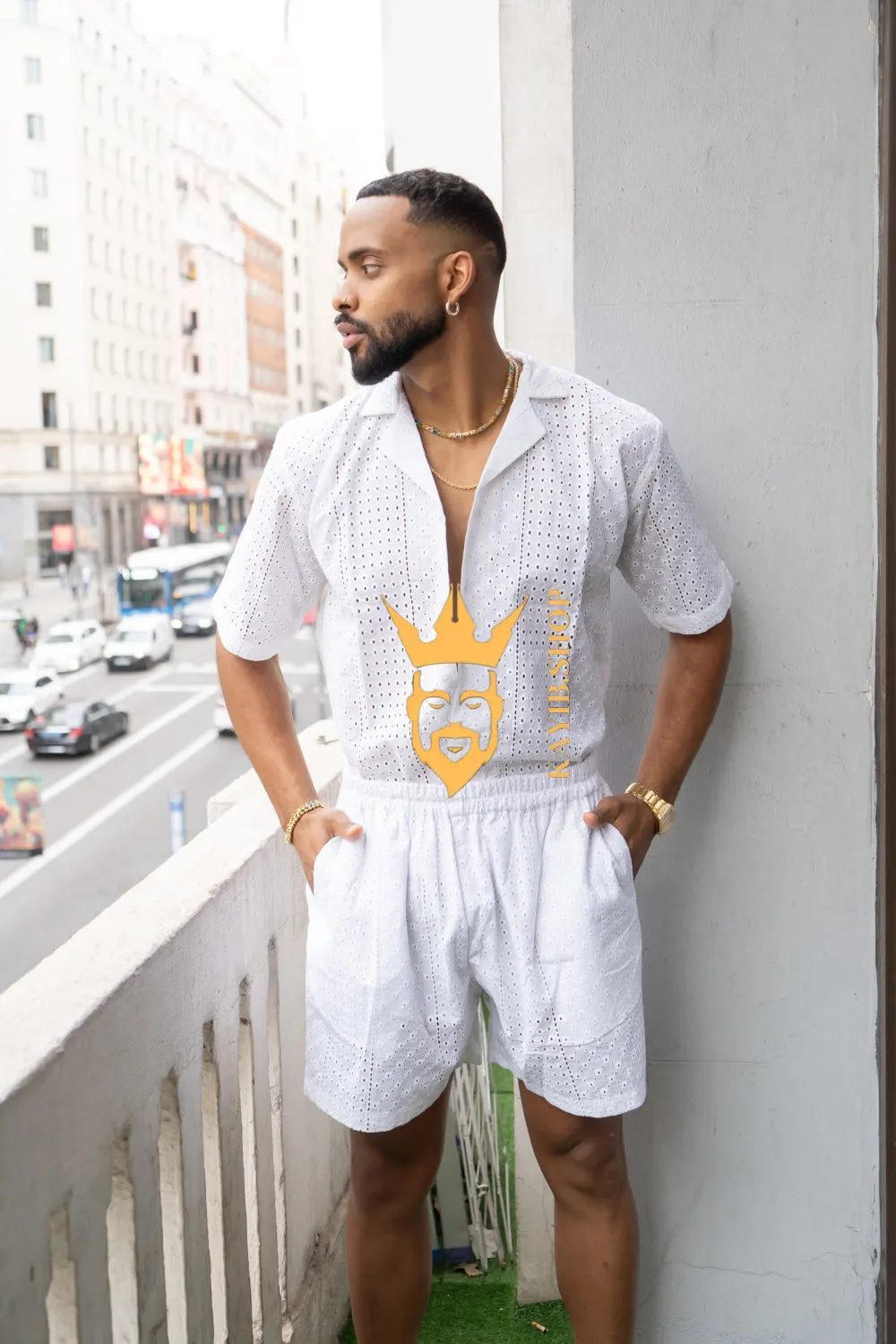 White  Spring/Summer Men's Lace Two-Piece Clothing