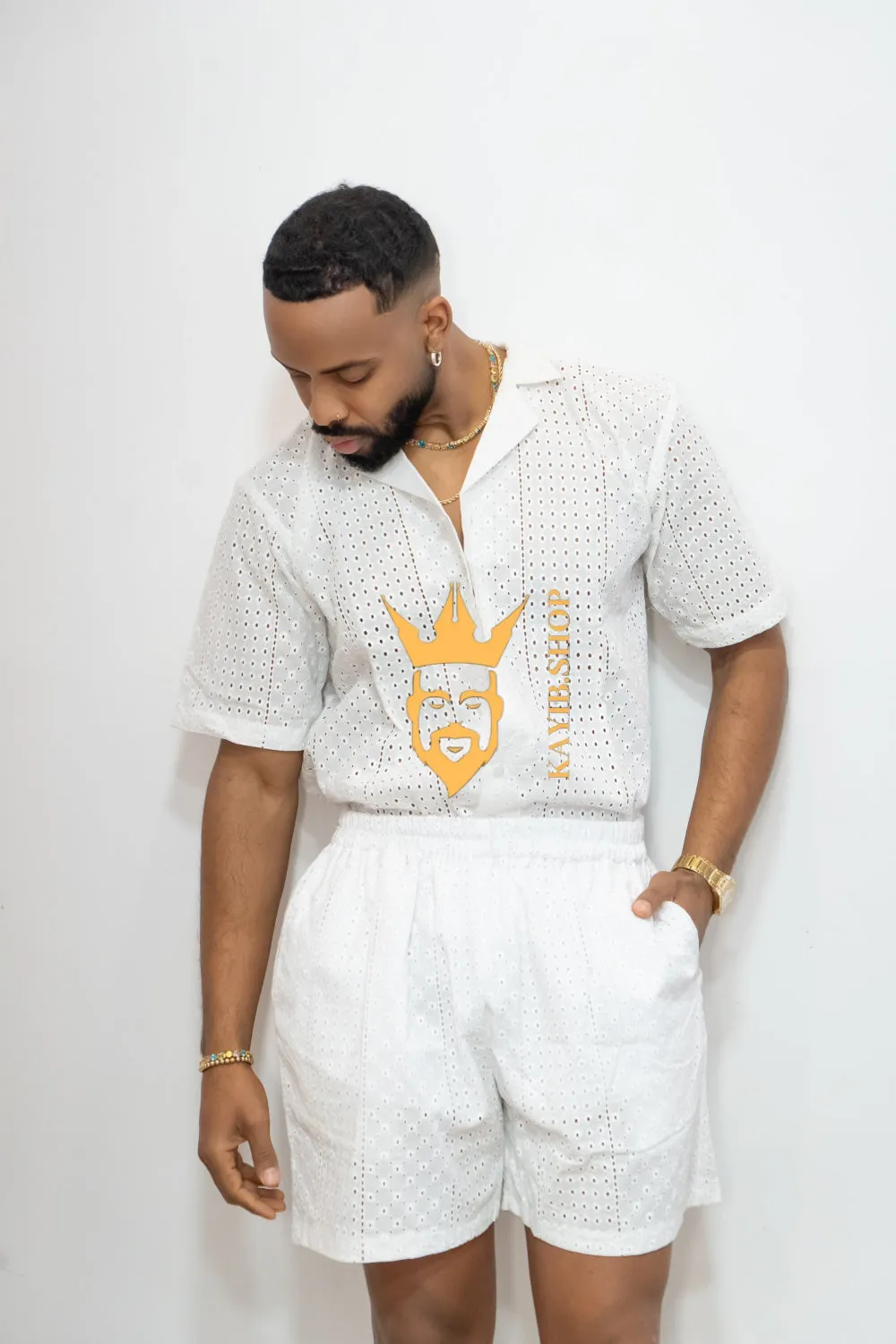 White  Spring/Summer Men's Lace Two-Piece Clothing