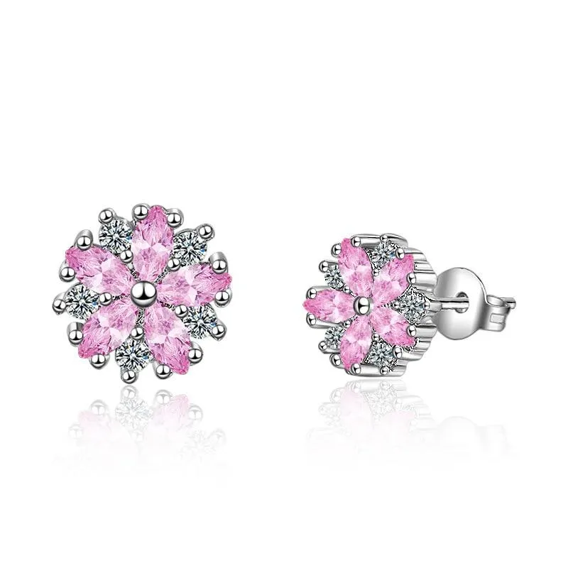 Women Sterling Silver Pink Clear Zircon Flower Necklace Earrings Bracelet Set