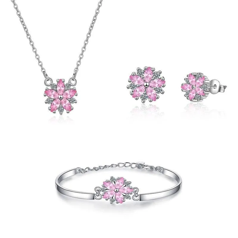 Women Sterling Silver Pink Clear Zircon Flower Necklace Earrings Bracelet Set