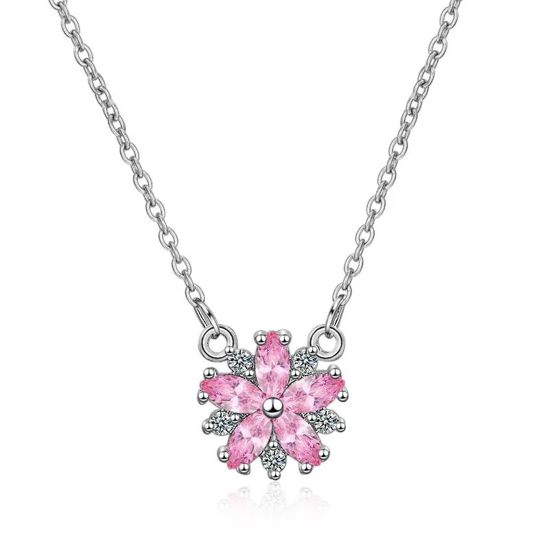 Women Sterling Silver Pink Clear Zircon Flower Necklace Earrings Bracelet Set