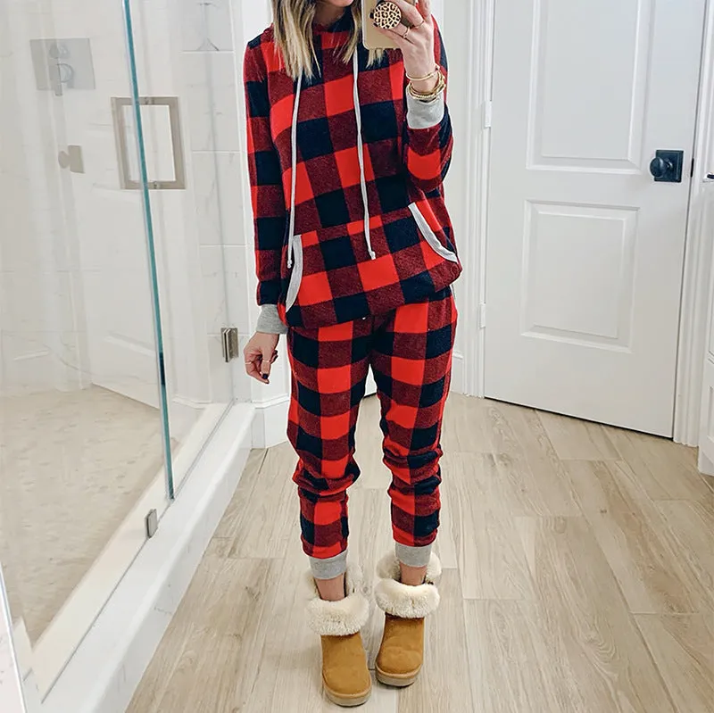 Women's Hooded Plaid Sleepwear Set