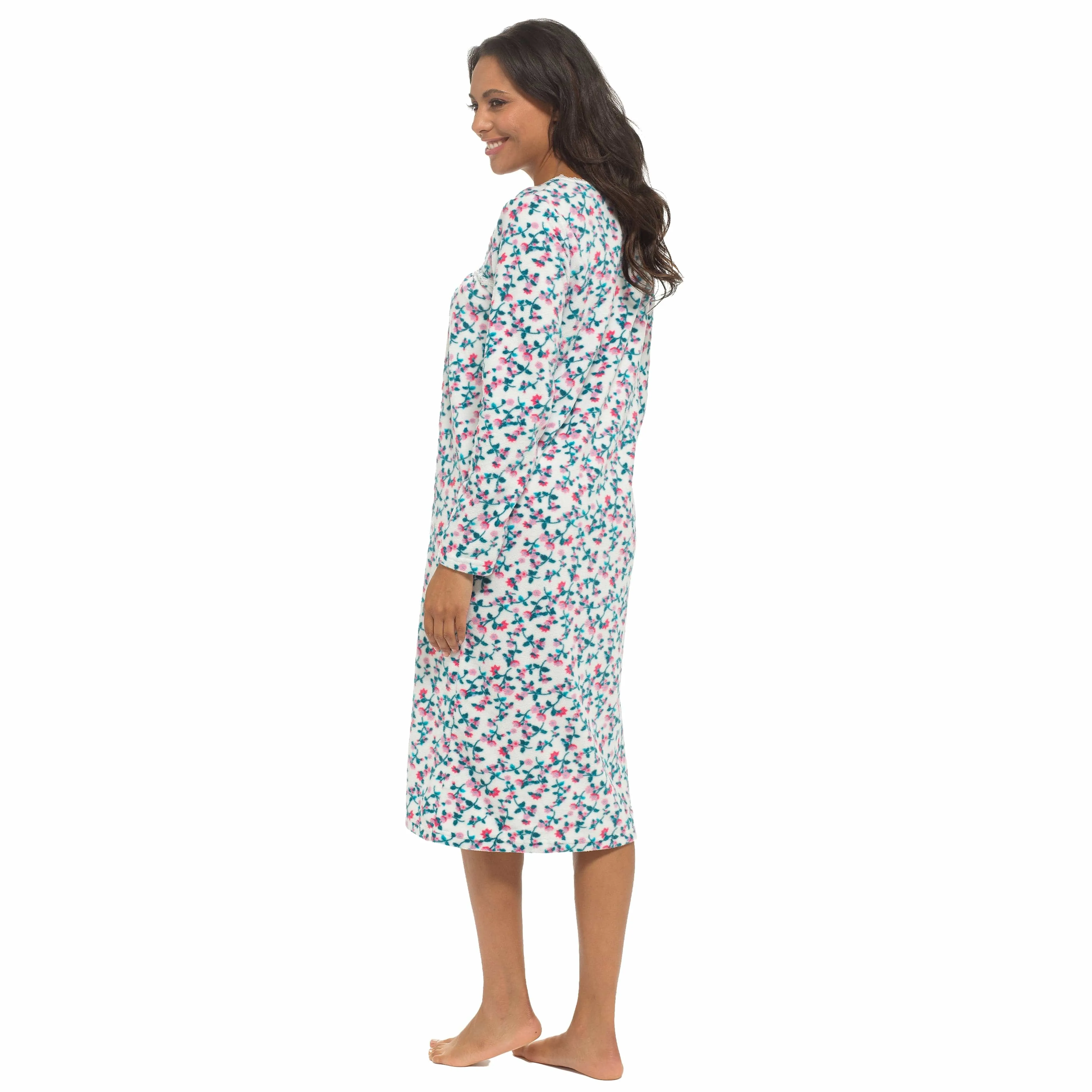 Women's Long Sleeve Fleece Nightdress Soft Warm Floral Print Sleepwear Cozy Winter Nightie Loungewear Available in Multiple Sizes By Daisy Dreamer