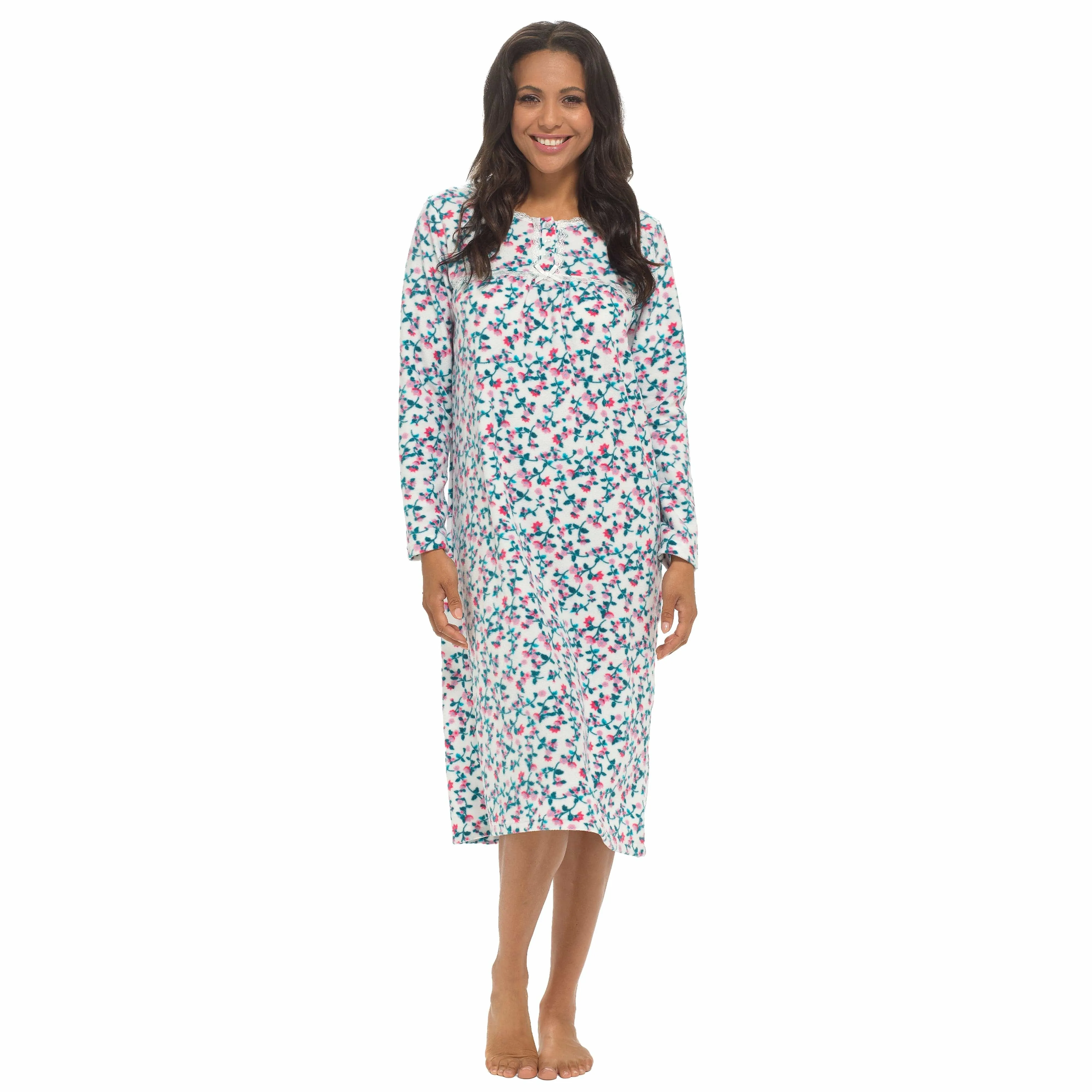 Women's Long Sleeve Fleece Nightdress Soft Warm Floral Print Sleepwear Cozy Winter Nightie Loungewear Available in Multiple Sizes By Daisy Dreamer