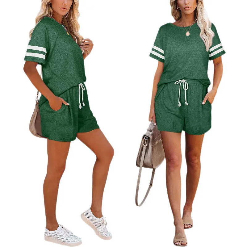 Womens Summer Loungewear Short Sleeve Crew Neck Set