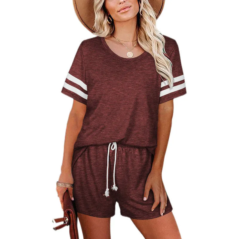 Womens Summer Loungewear Short Sleeve Crew Neck Set