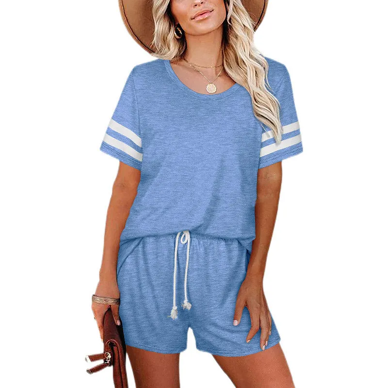 Womens Summer Loungewear Short Sleeve Crew Neck Set