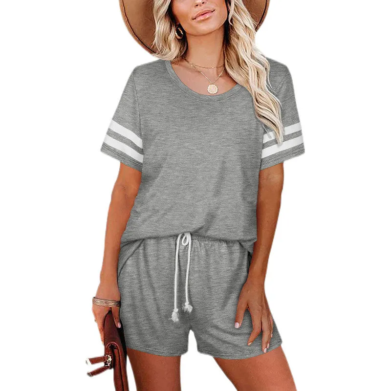 Womens Summer Loungewear Short Sleeve Crew Neck Set