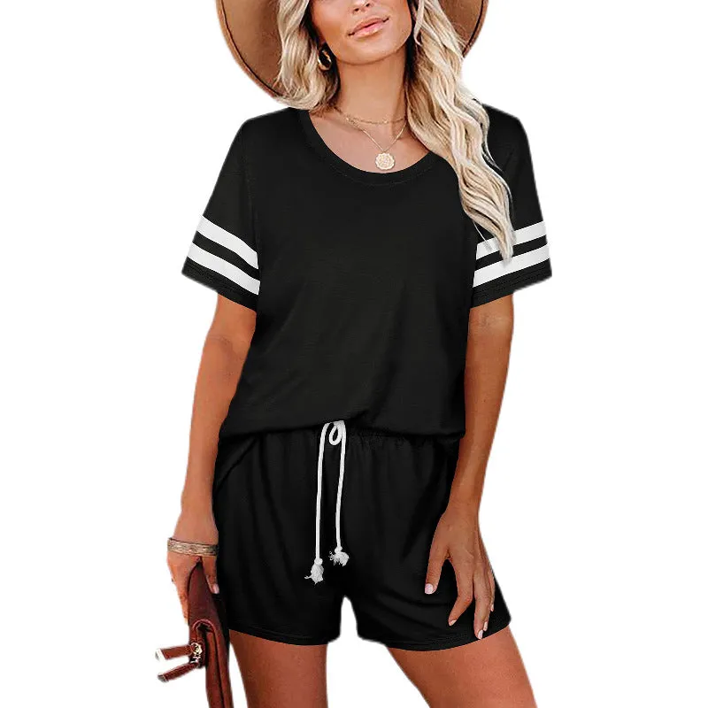 Womens Summer Loungewear Short Sleeve Crew Neck Set