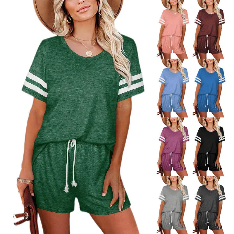 Womens Summer Loungewear Short Sleeve Crew Neck Set