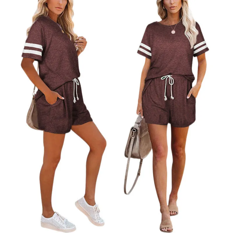 Womens Summer Loungewear Short Sleeve Crew Neck Set