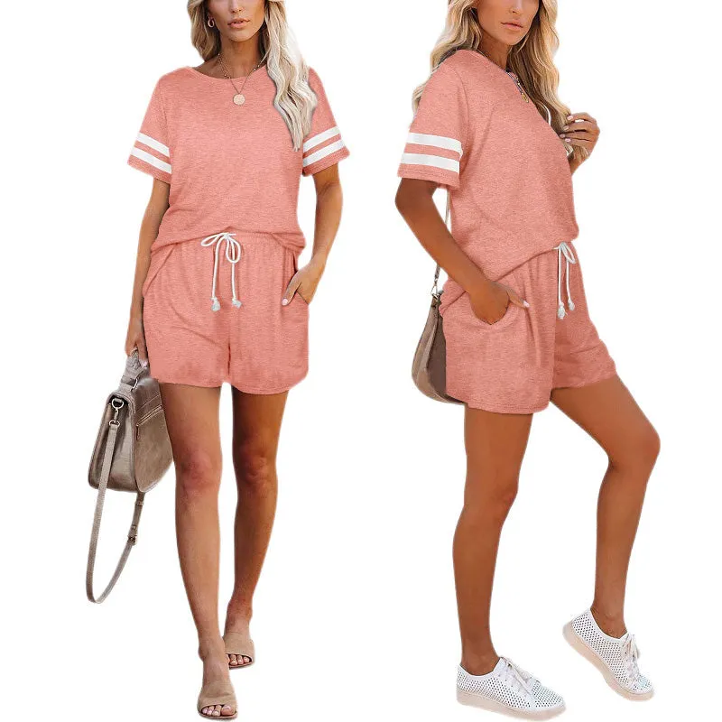 Womens Summer Loungewear Short Sleeve Crew Neck Set