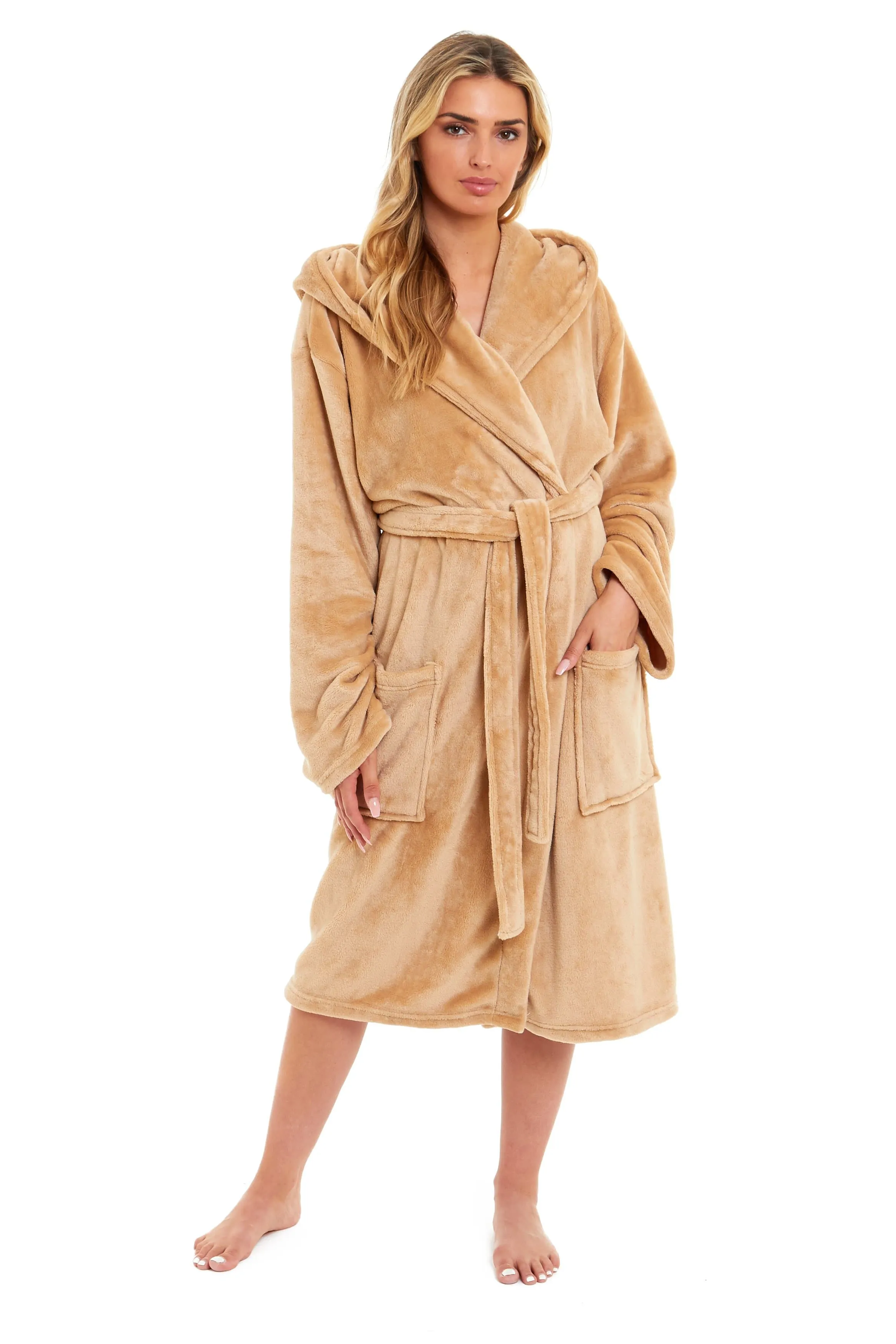 Women's Ultra-Soft Hooded Plush Fleece Dressing Gown Warm Velvet Bathrobe for Lounging and Relaxing in Winter by Daisy Dreamer