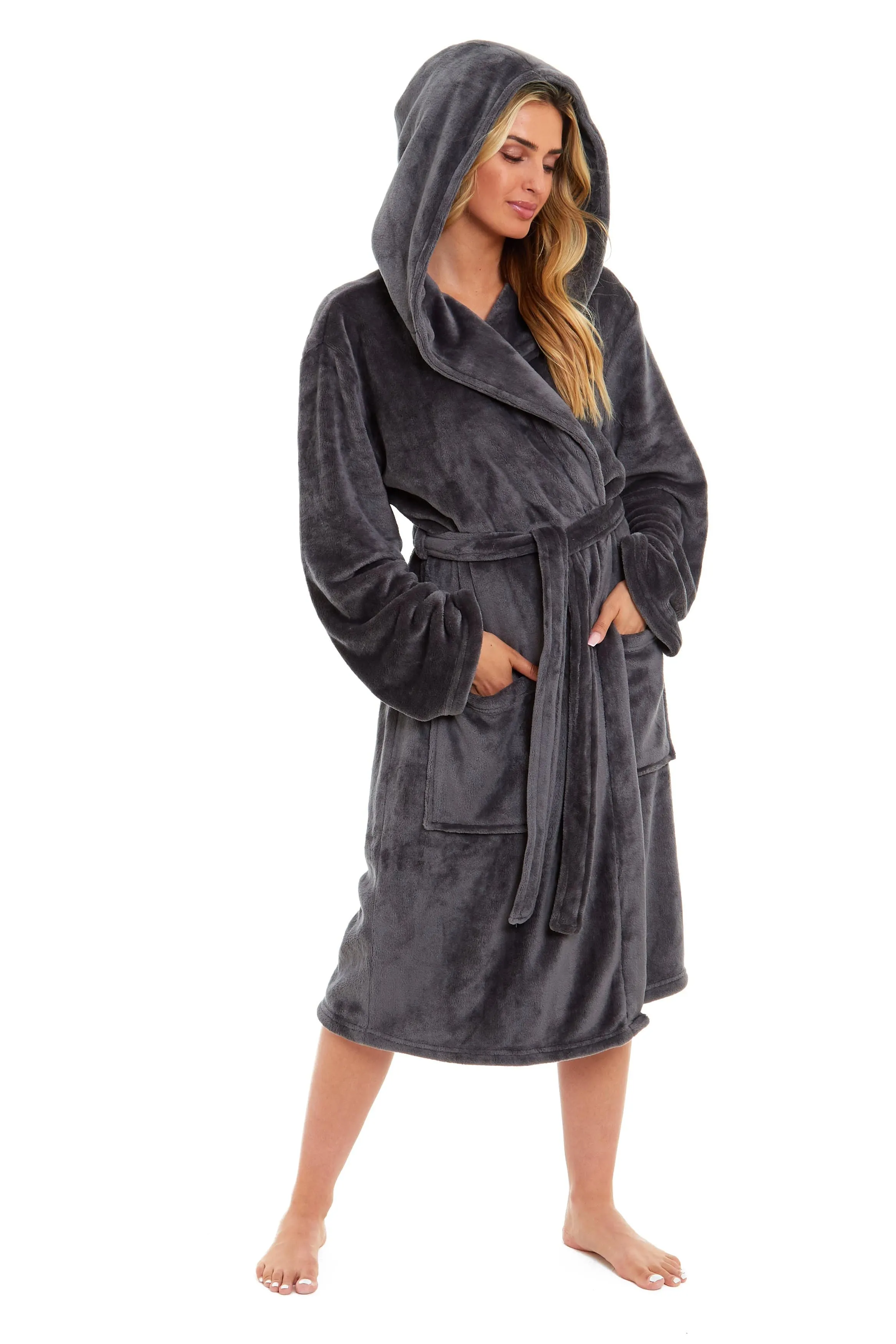 Women's Ultra-Soft Hooded Plush Fleece Dressing Gown Warm Velvet Bathrobe for Lounging and Relaxing in Winter by Daisy Dreamer