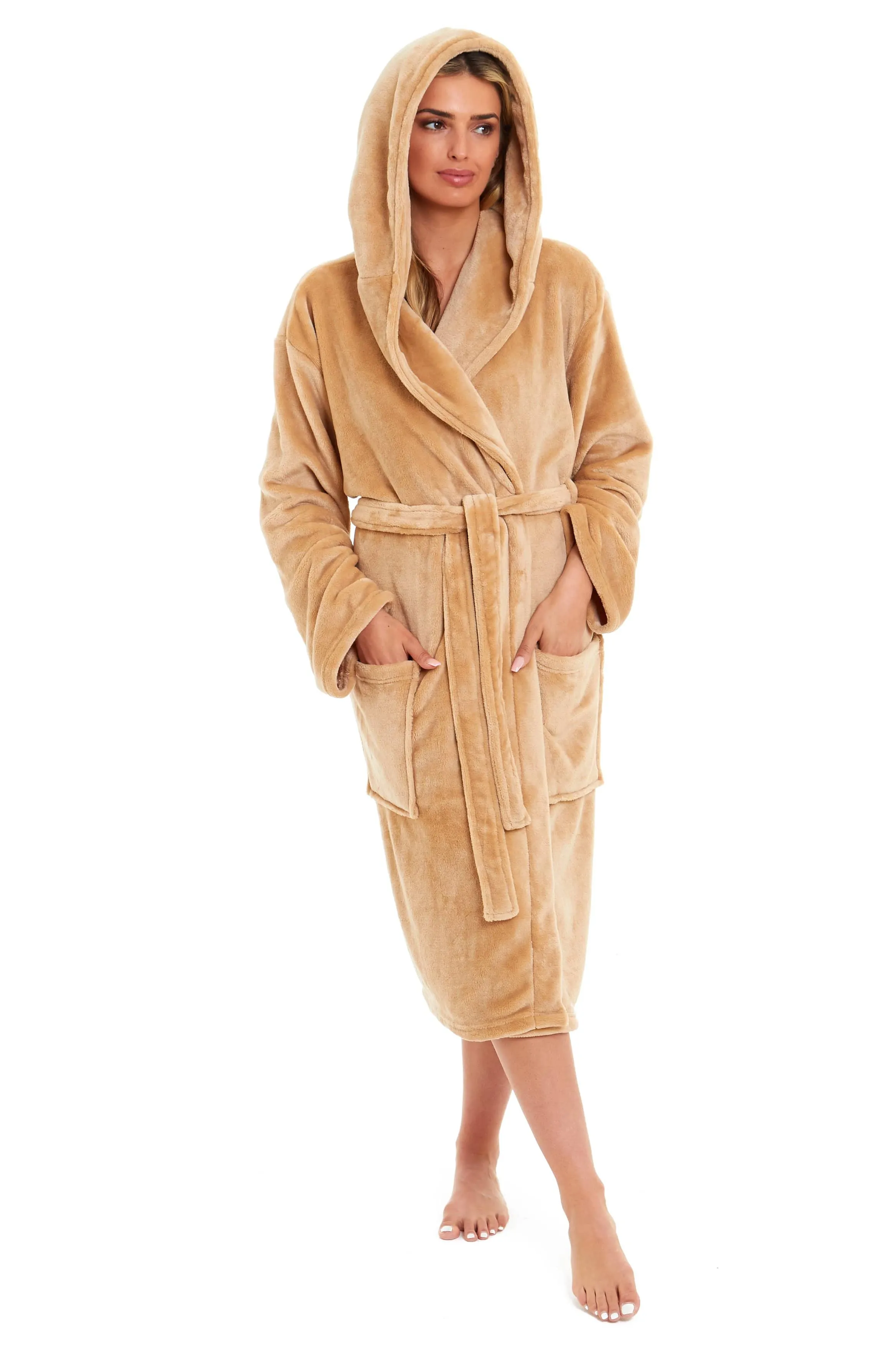 Women's Ultra-Soft Hooded Plush Fleece Dressing Gown Warm Velvet Bathrobe for Lounging and Relaxing in Winter by Daisy Dreamer