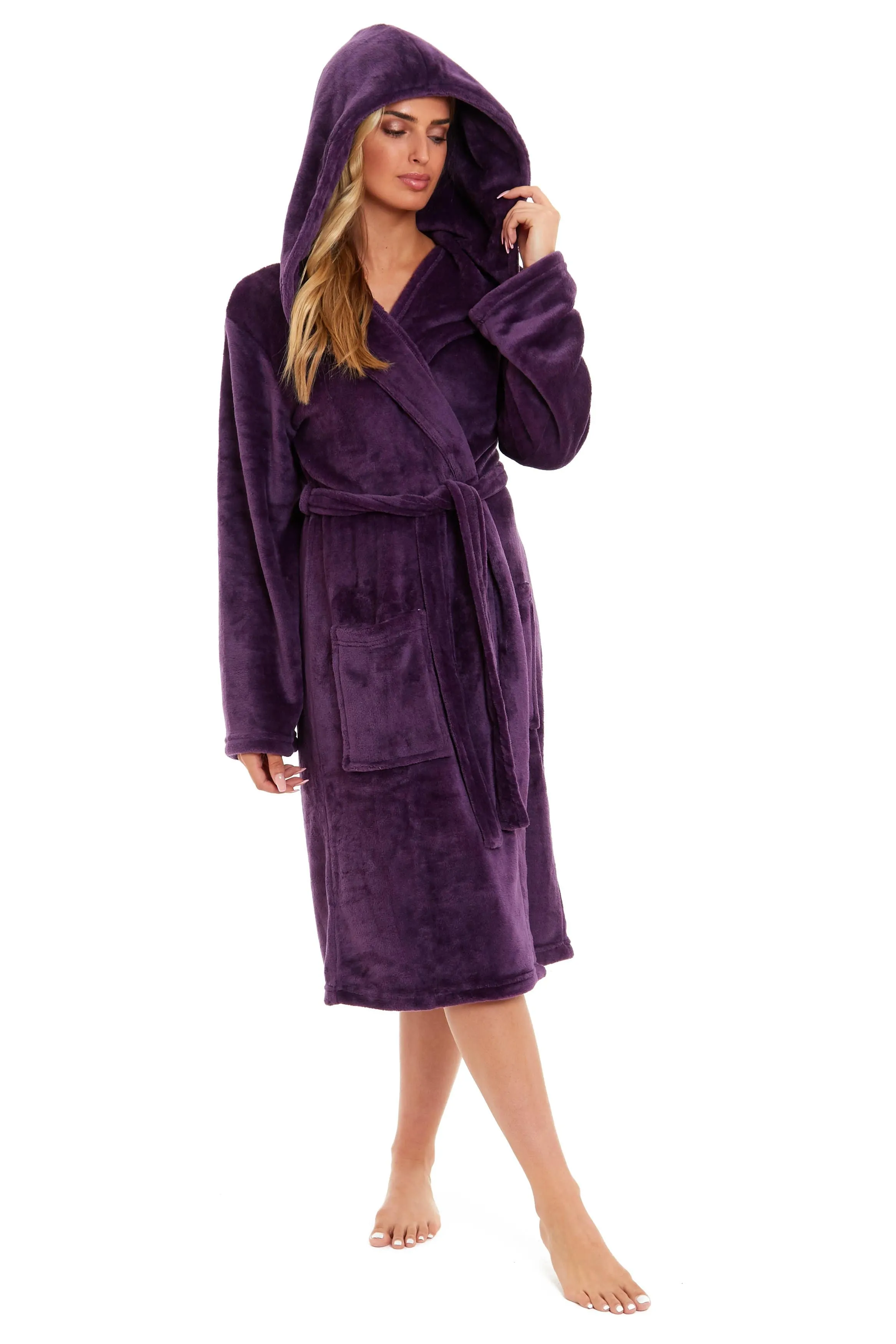 Women's Ultra-Soft Hooded Plush Fleece Dressing Gown Warm Velvet Bathrobe for Lounging and Relaxing in Winter by Daisy Dreamer