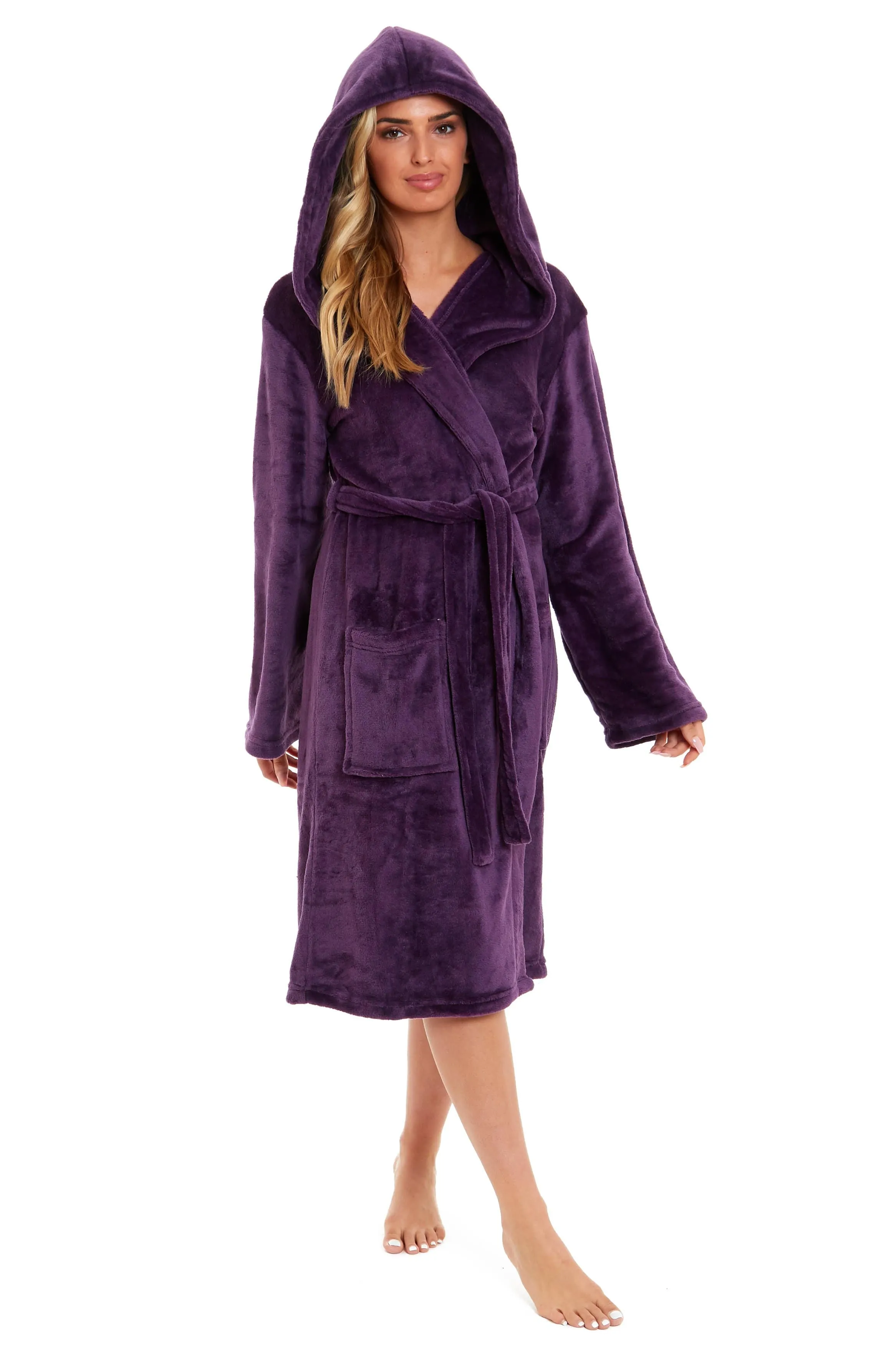 Women's Ultra-Soft Hooded Plush Fleece Dressing Gown Warm Velvet Bathrobe for Lounging and Relaxing in Winter by Daisy Dreamer