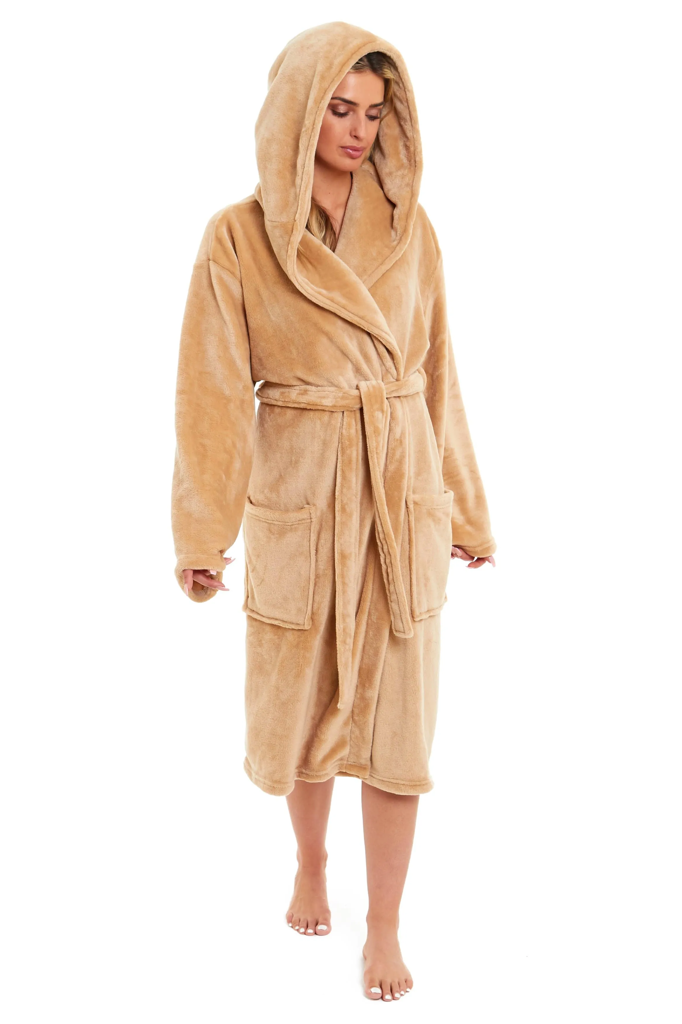 Women's Ultra-Soft Hooded Plush Fleece Dressing Gown Warm Velvet Bathrobe for Lounging and Relaxing in Winter by Daisy Dreamer