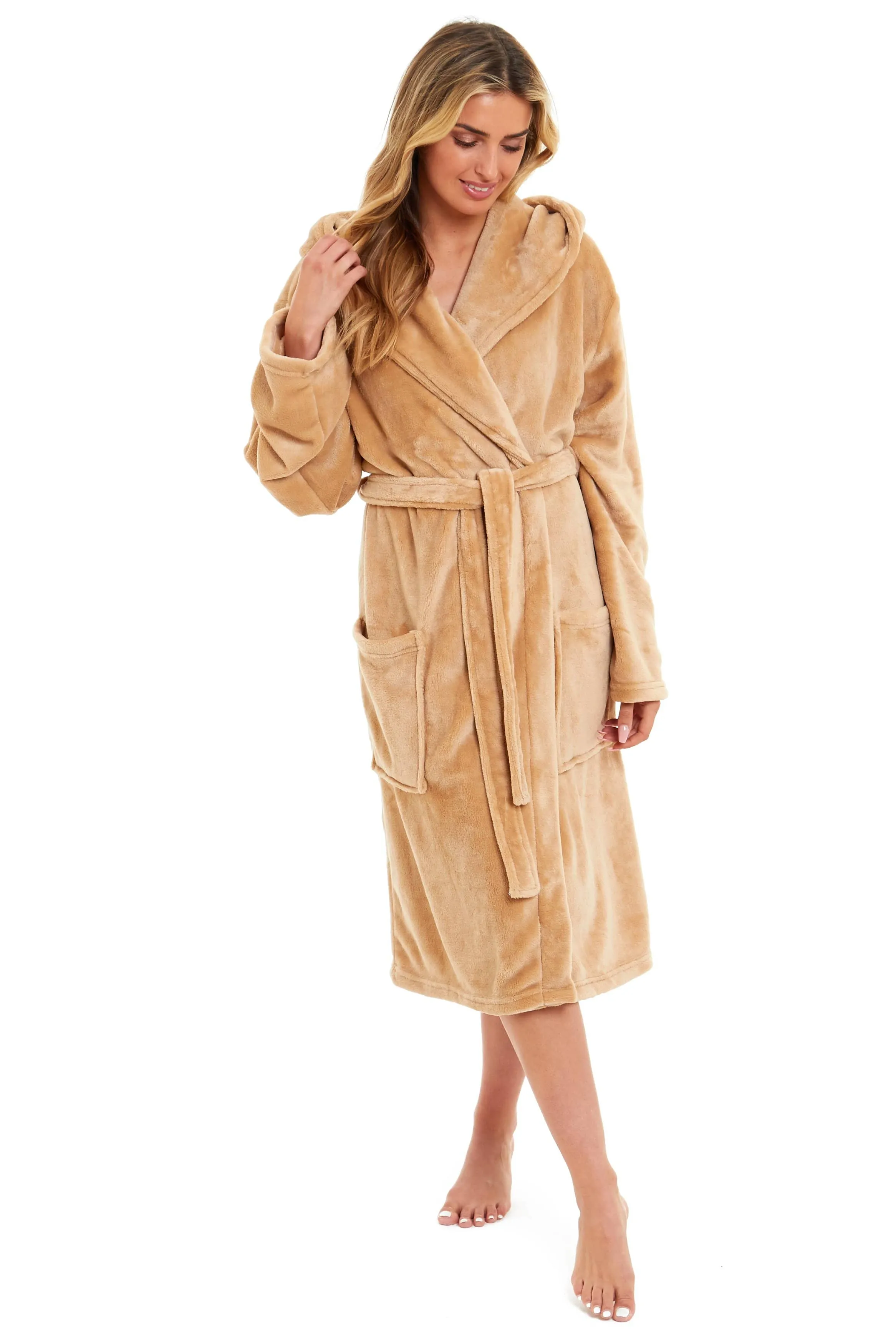 Women's Ultra-Soft Hooded Plush Fleece Dressing Gown Warm Velvet Bathrobe for Lounging and Relaxing in Winter by Daisy Dreamer