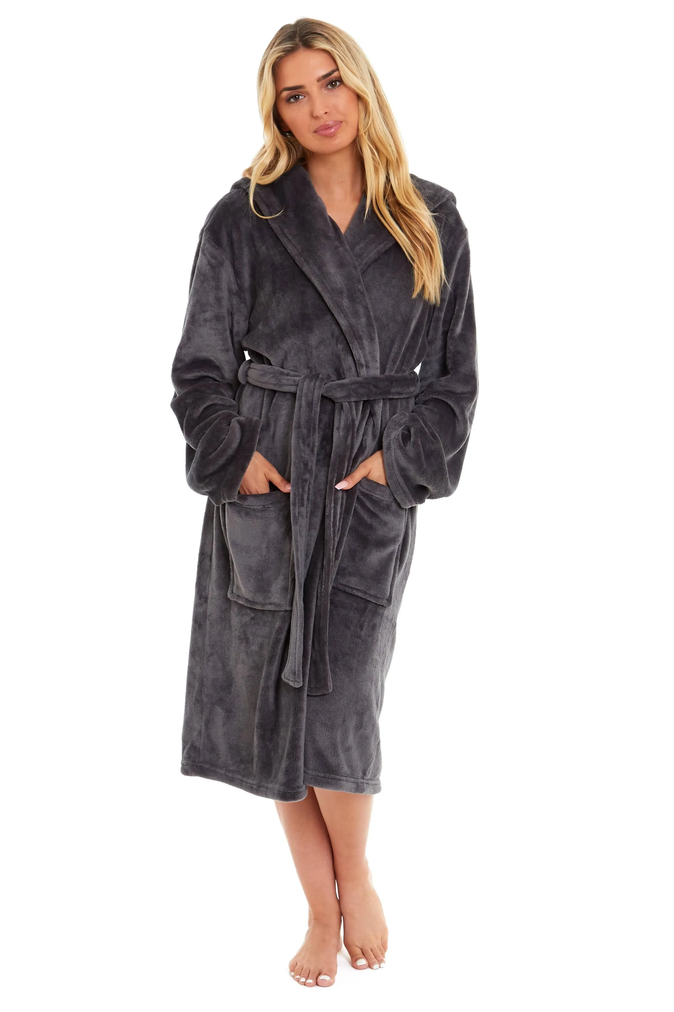 Women's Ultra-Soft Hooded Plush Fleece Dressing Gown Warm Velvet Bathrobe for Lounging and Relaxing in Winter by Daisy Dreamer