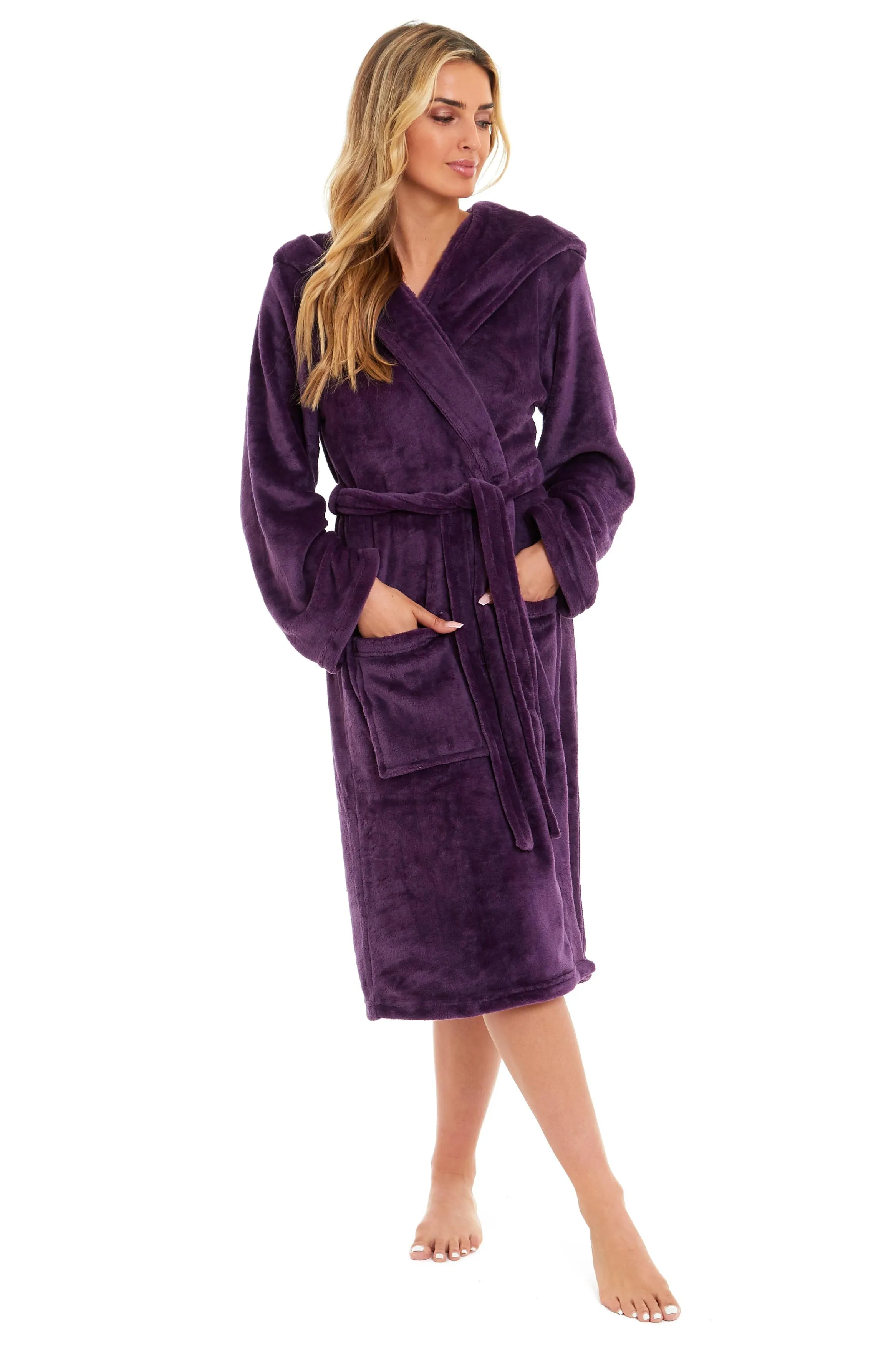 Women's Ultra-Soft Hooded Plush Fleece Dressing Gown Warm Velvet Bathrobe for Lounging and Relaxing in Winter by Daisy Dreamer