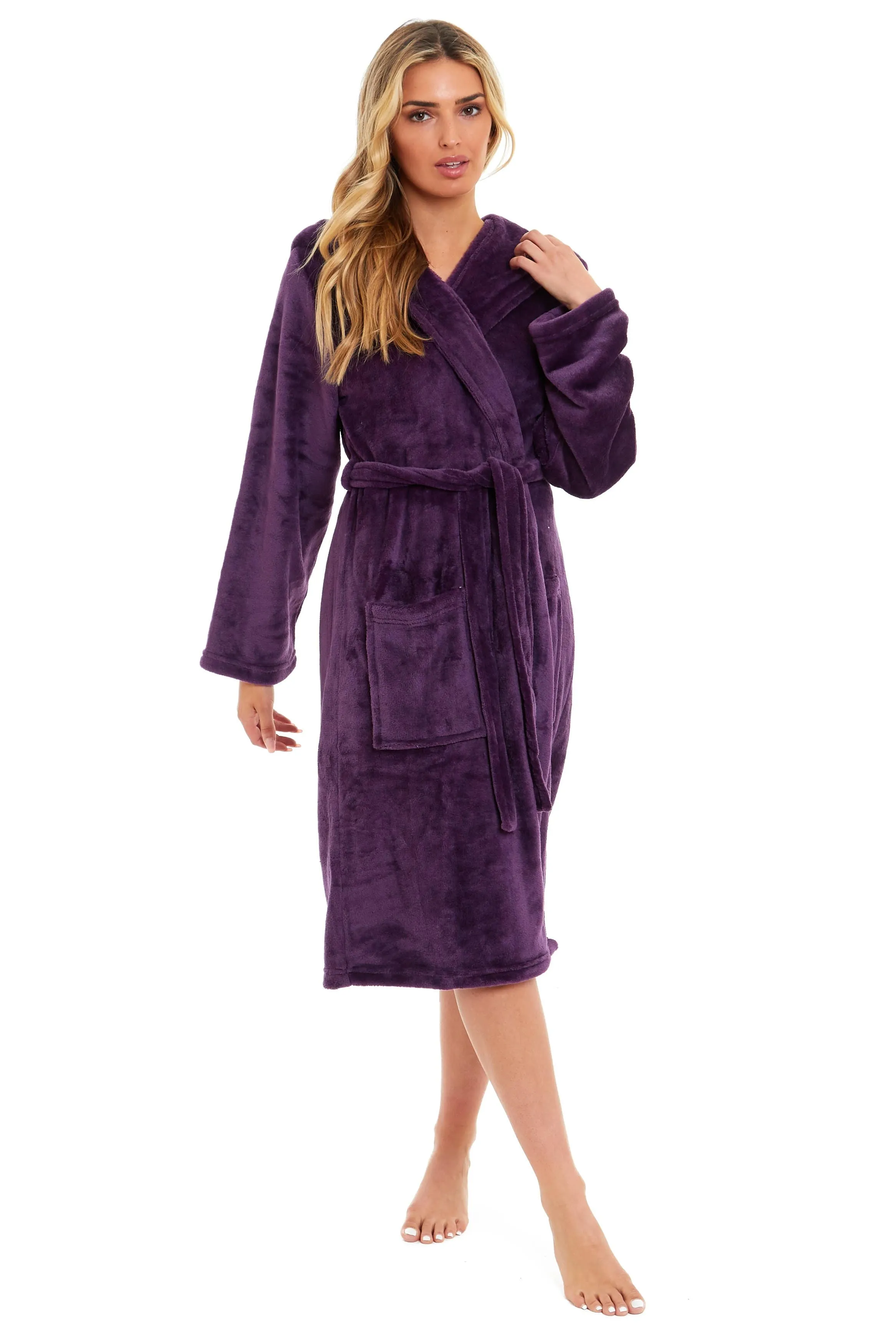 Women's Ultra-Soft Hooded Plush Fleece Dressing Gown Warm Velvet Bathrobe for Lounging and Relaxing in Winter by Daisy Dreamer