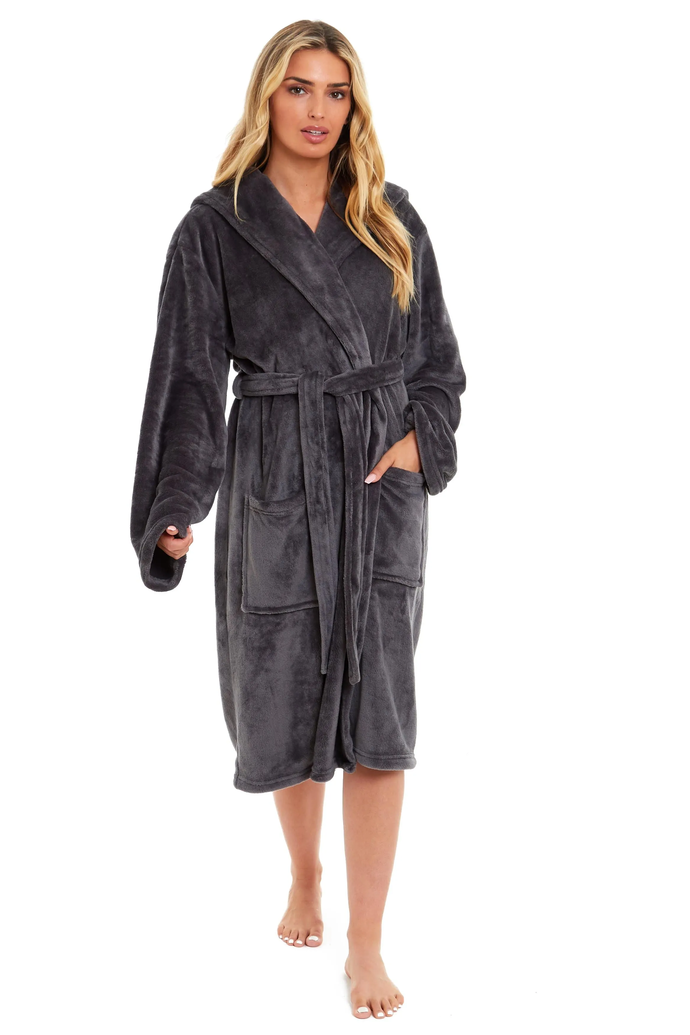 Women's Ultra-Soft Hooded Plush Fleece Dressing Gown Warm Velvet Bathrobe for Lounging and Relaxing in Winter by Daisy Dreamer