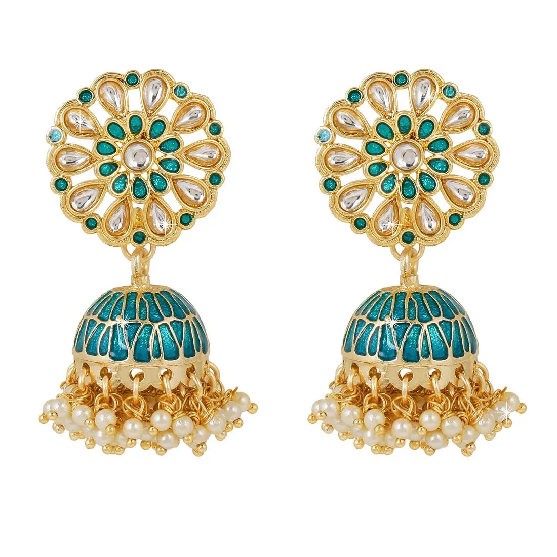 Yellow Chimes Silk Green Meenakari Kundan Moti Bandhani Handwork Traditional Jhumka Earrings for Women and Girls