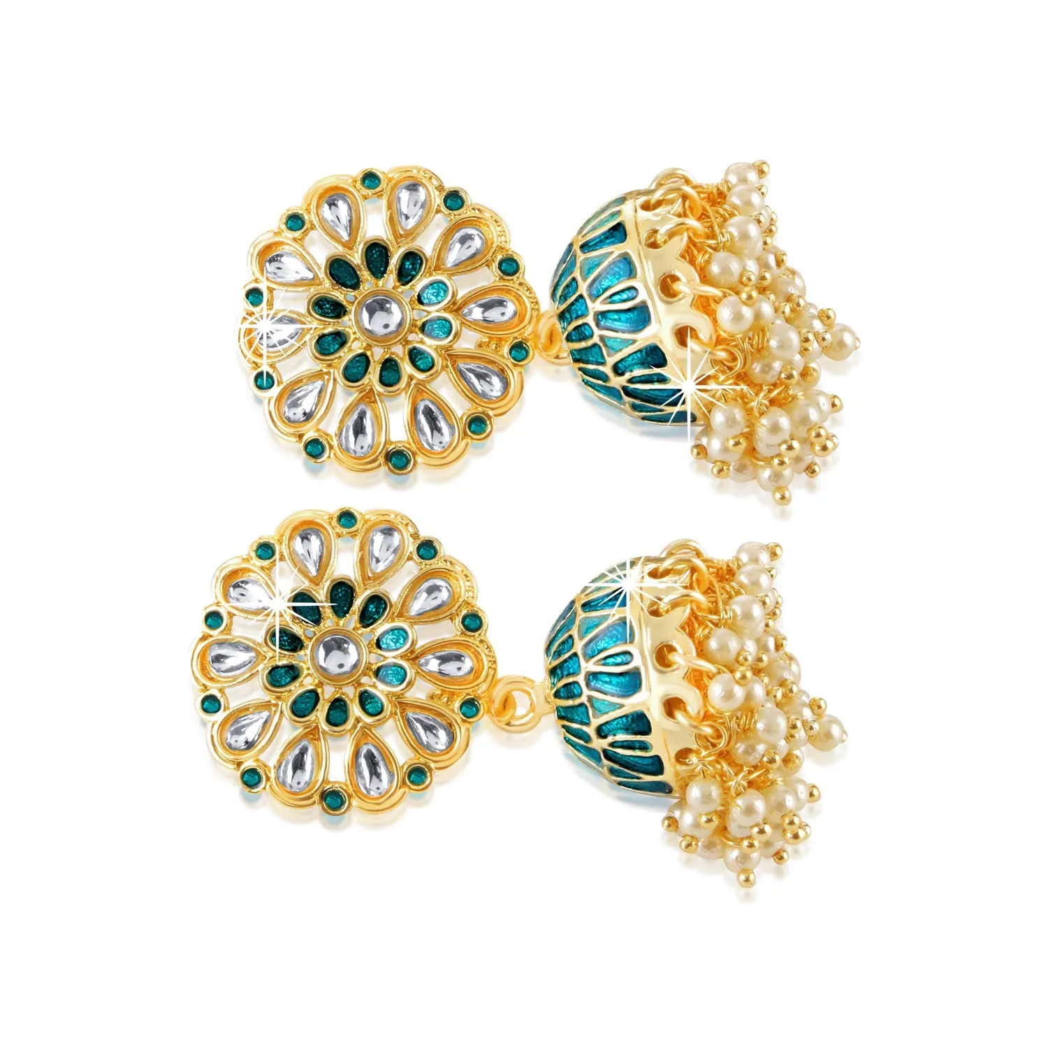 Yellow Chimes Silk Green Meenakari Kundan Moti Bandhani Handwork Traditional Jhumka Earrings for Women and Girls