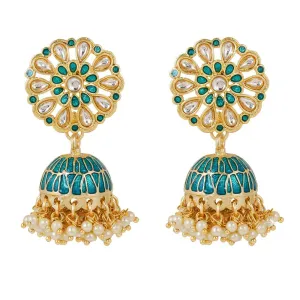 Yellow Chimes Silk Green Meenakari Kundan Moti Bandhani Handwork Traditional Jhumka Earrings for Women and Girls